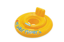 Inflatable baby float ring in yellow with Intex logo and raised headrest