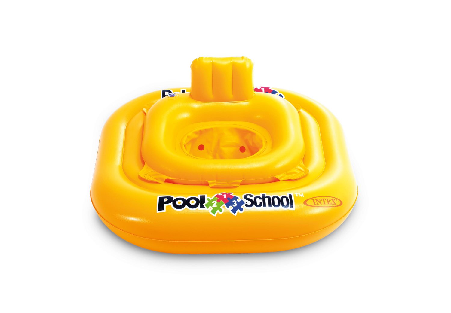 Yellow Pool School baby swim float front with raised headrest and clear seat