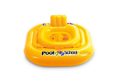 Yellow Pool School baby swim float front with raised headrest and clear seat