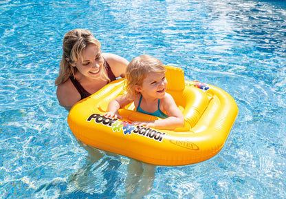 Yellow baby swim float in pool with child seated; Pool School logo visible