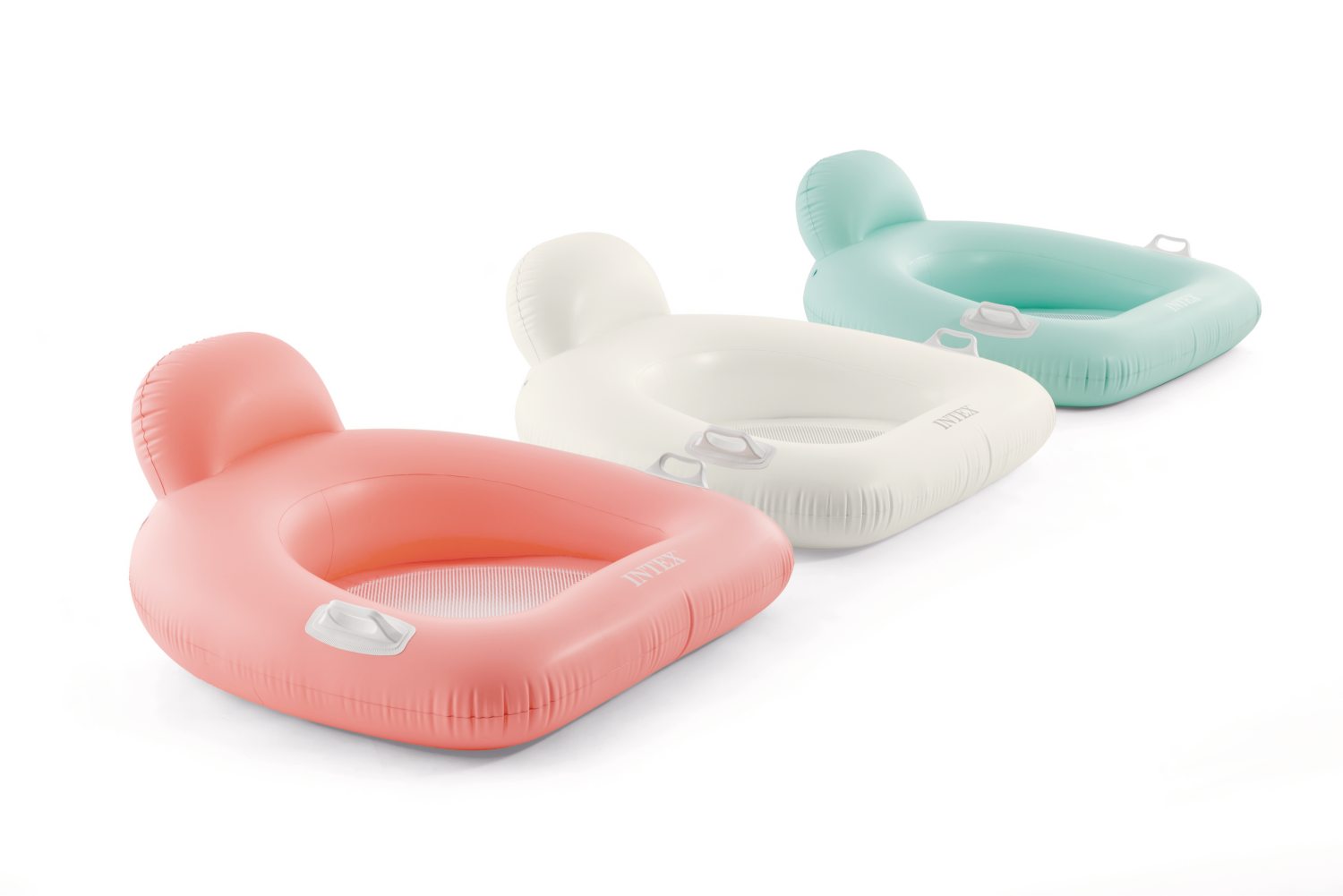 Inflatable lounge pillow pool floats in pink, white, and mint with headrests and cup holders