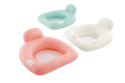 Inflatable lounge pillow pool floats in mint, white, and pink with cup holders