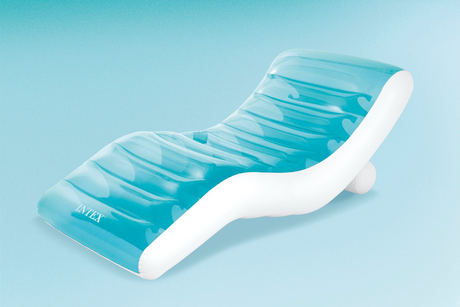Inflatable lounge chair, turquoise with INTEX logo and curved white armrest