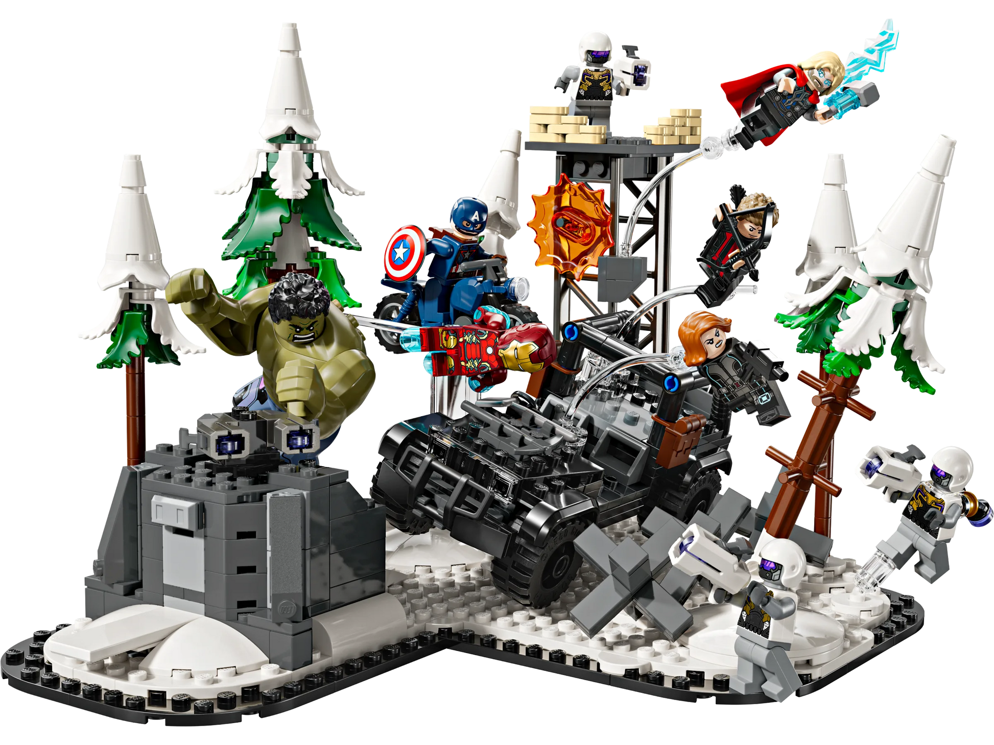 Assembled building set with minifigures, mech vehicle, and white-and-green trees