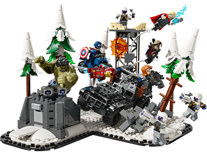 Assembled building set with minifigures, mech vehicle, and white-and-green trees