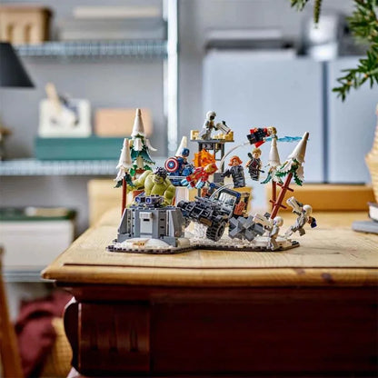 Building set with minifigures, vehicles, and white-and-green trees on baseplate
