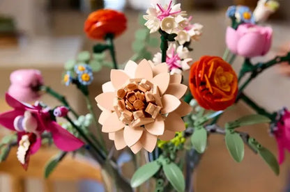 Pink flower bouquet set with paper blooms, green leaves, and multicolor stems
