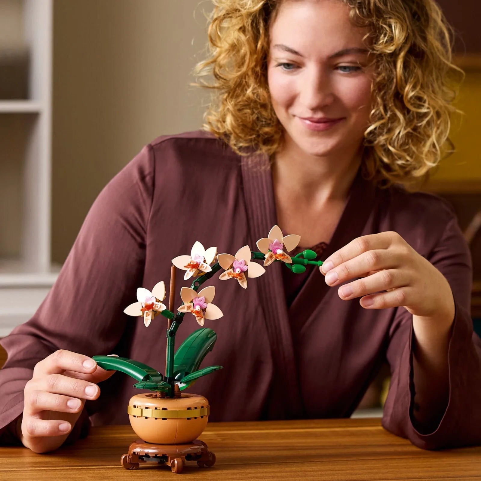 Mini orchid building set held by person, with green stems and flower blooms in pot