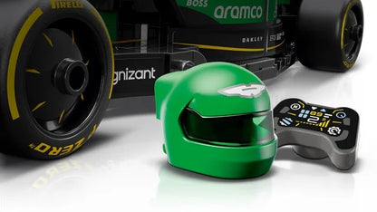 Green Formula race car model helmet and miniature car
