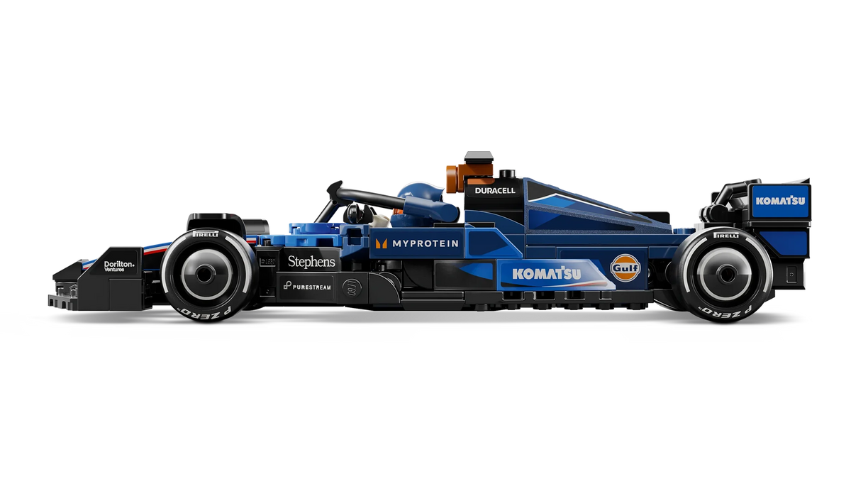 Blue and black Formula 1 race car with front and rear wings, side profile view
