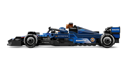 Blue and black Formula 1 race car with front and rear wings, side profile view