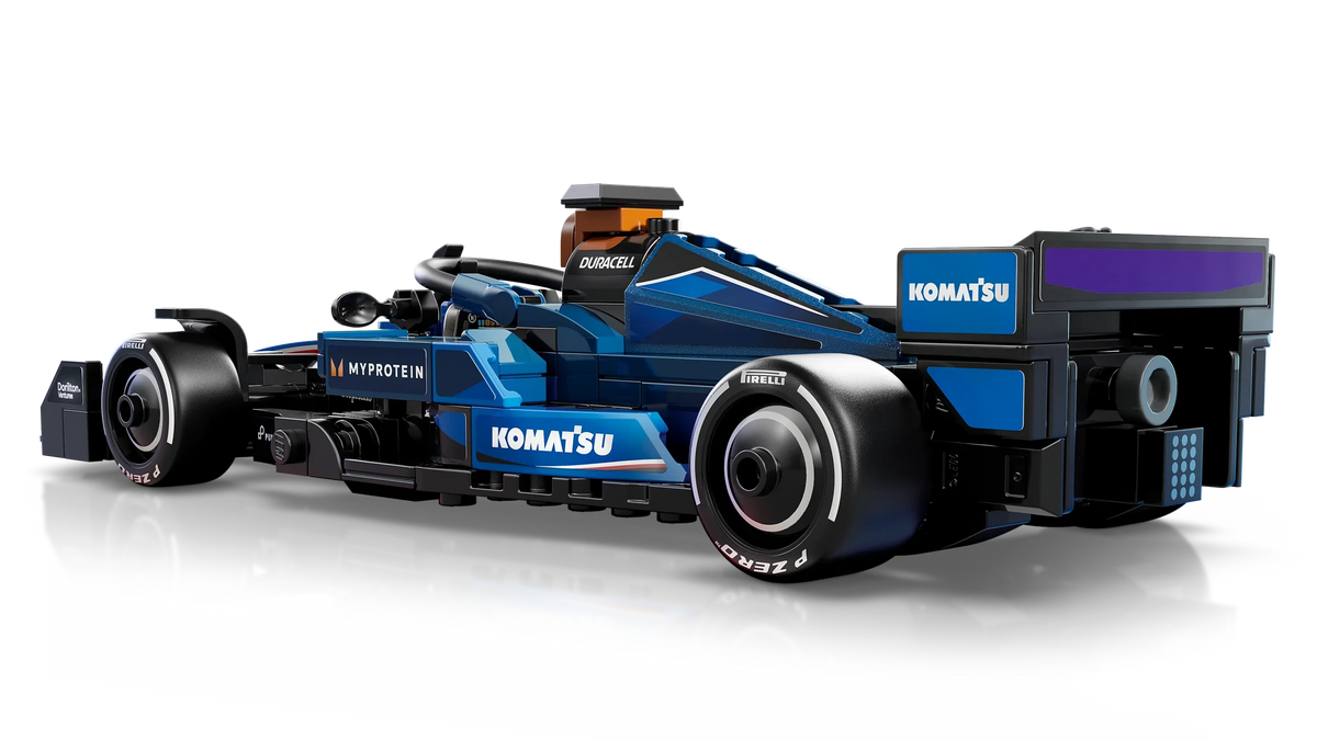 Blue and black Formula 1 race car from front-right angle, detailed wheels and nose