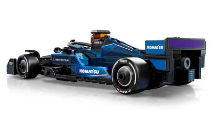 Blue and black Formula 1 race car from front-right angle, detailed wheels and nose