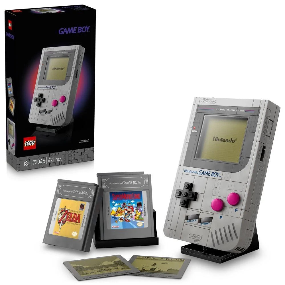 LEGO Game Boy set with retail box, handheld console, and two cartridge cards