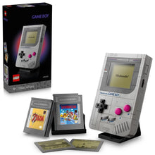 LEGO Game Boy set with retail box, handheld console, and two cartridge cards