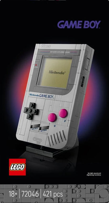 LEGO brick-built Game Boy handheld with gray body and pink button controls