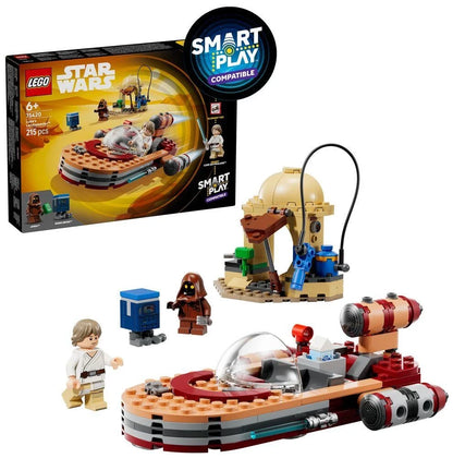 LEGO Star Wars landspeeder set box and completed model with minifigures and small droid.