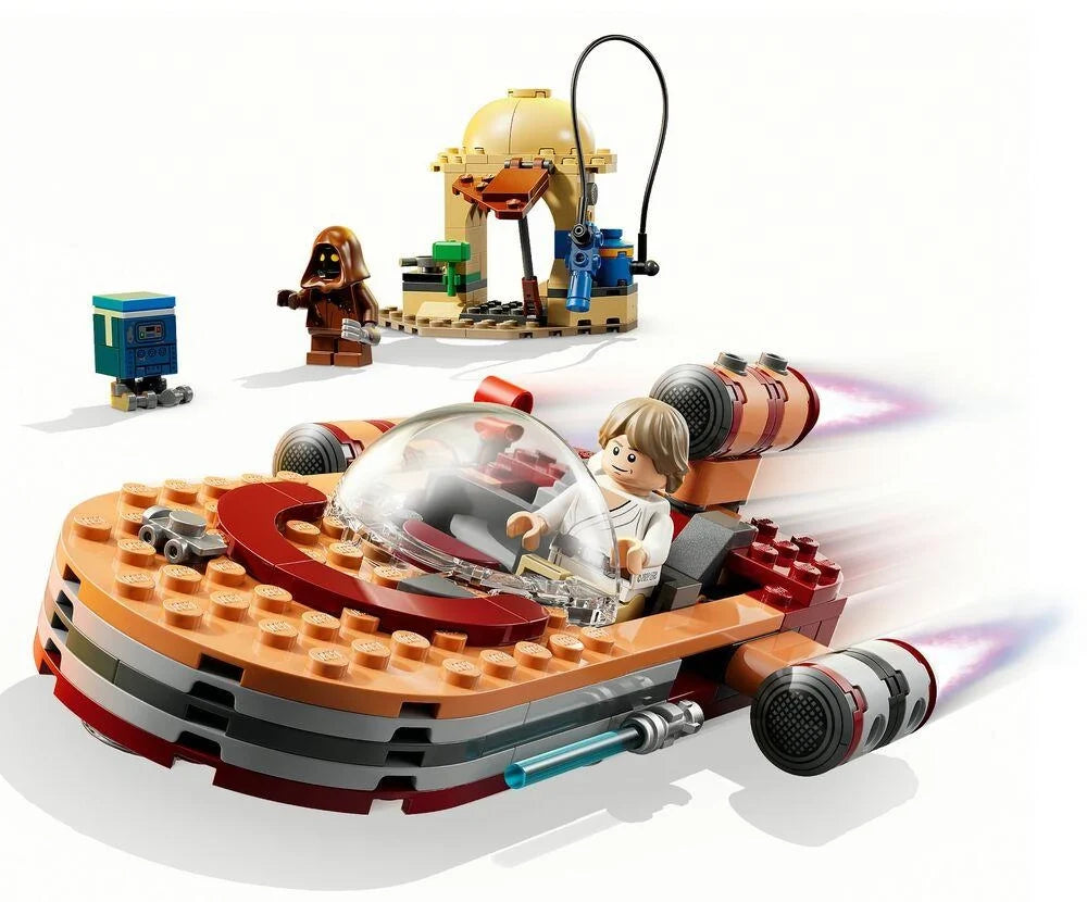 LEGO Star Wars landspeeder toy with clear cockpit dome, orange body, red engine pods.