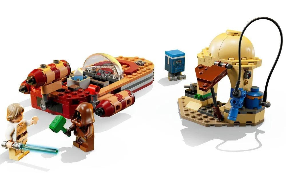 LEGO Star Wars landspeeder model with orange hull, seated pilot minifigure, rear device.