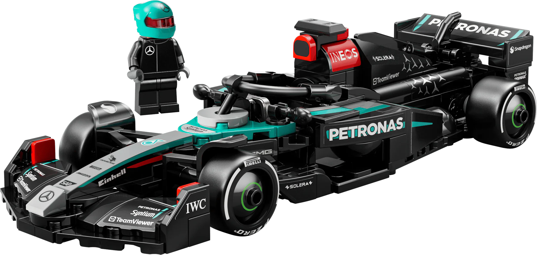 Mercedes-AMG F1 W15 race car LEGO model with teal helmet, black body, front view.