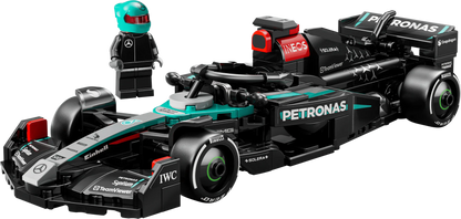 Mercedes-AMG F1 W15 race car LEGO model with teal helmet, black body, front view.