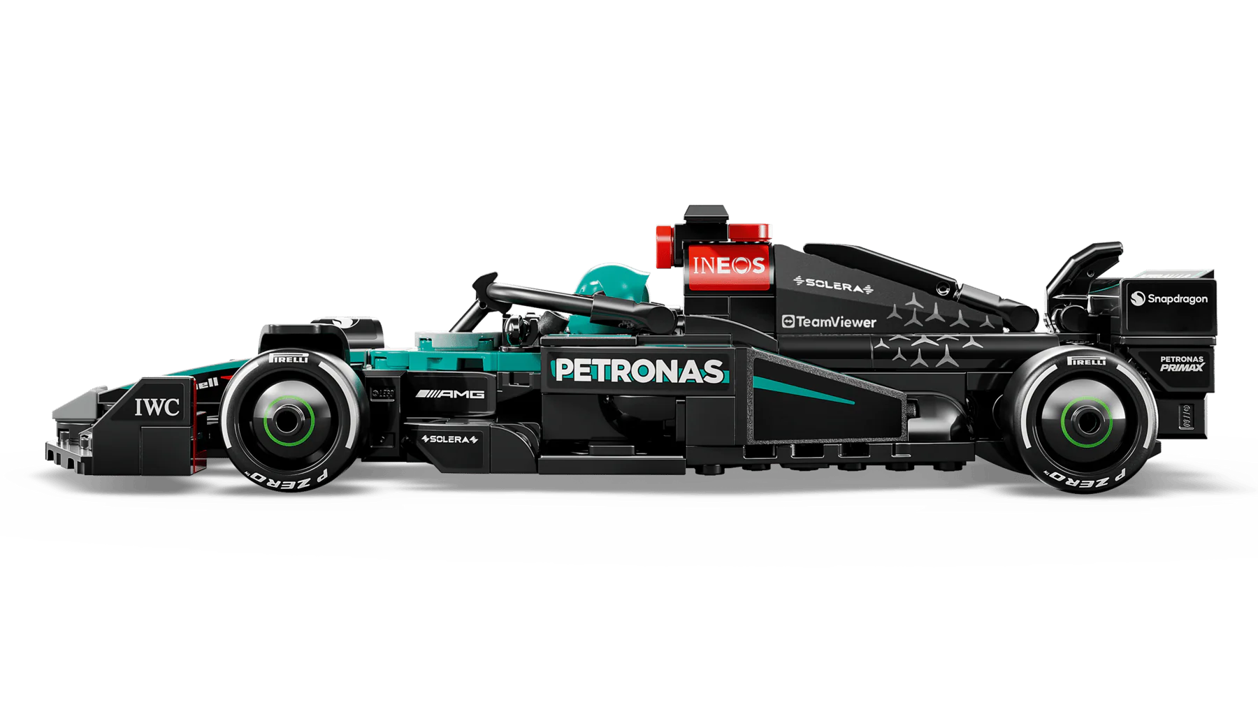 Mercedes-AMG F1 W15 race car LEGO model side view, black with PETRONAS teal accents.