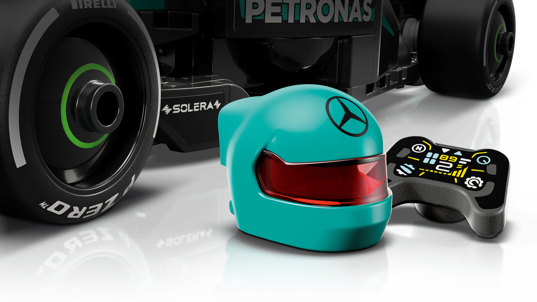 Teal driver helmet and steering controls on Mercedes-AMG F1 W15 race car model.