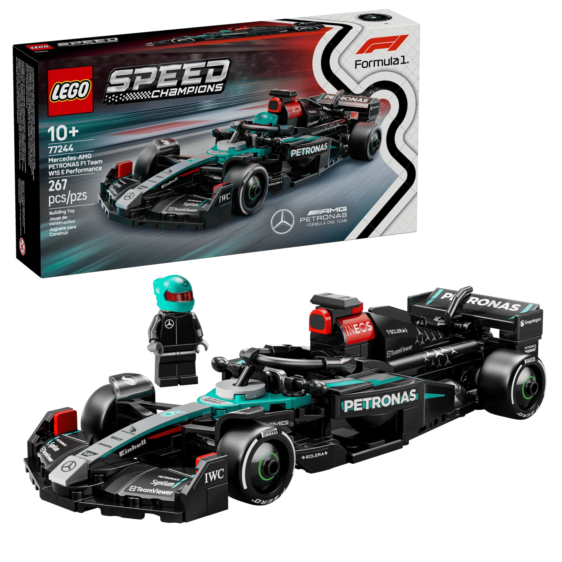 Mercedes-AMG F1 W15 race car set box, black and teal Formula 1 car, 10+.