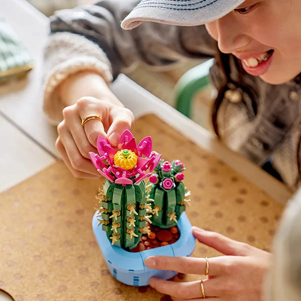 Flowering cactus model held in hands, blue base with green cacti and pink flowers