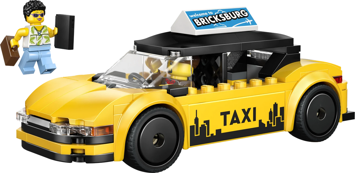 Yellow taxi toy car with roof sign and TAXI lettering, front 3/4 view