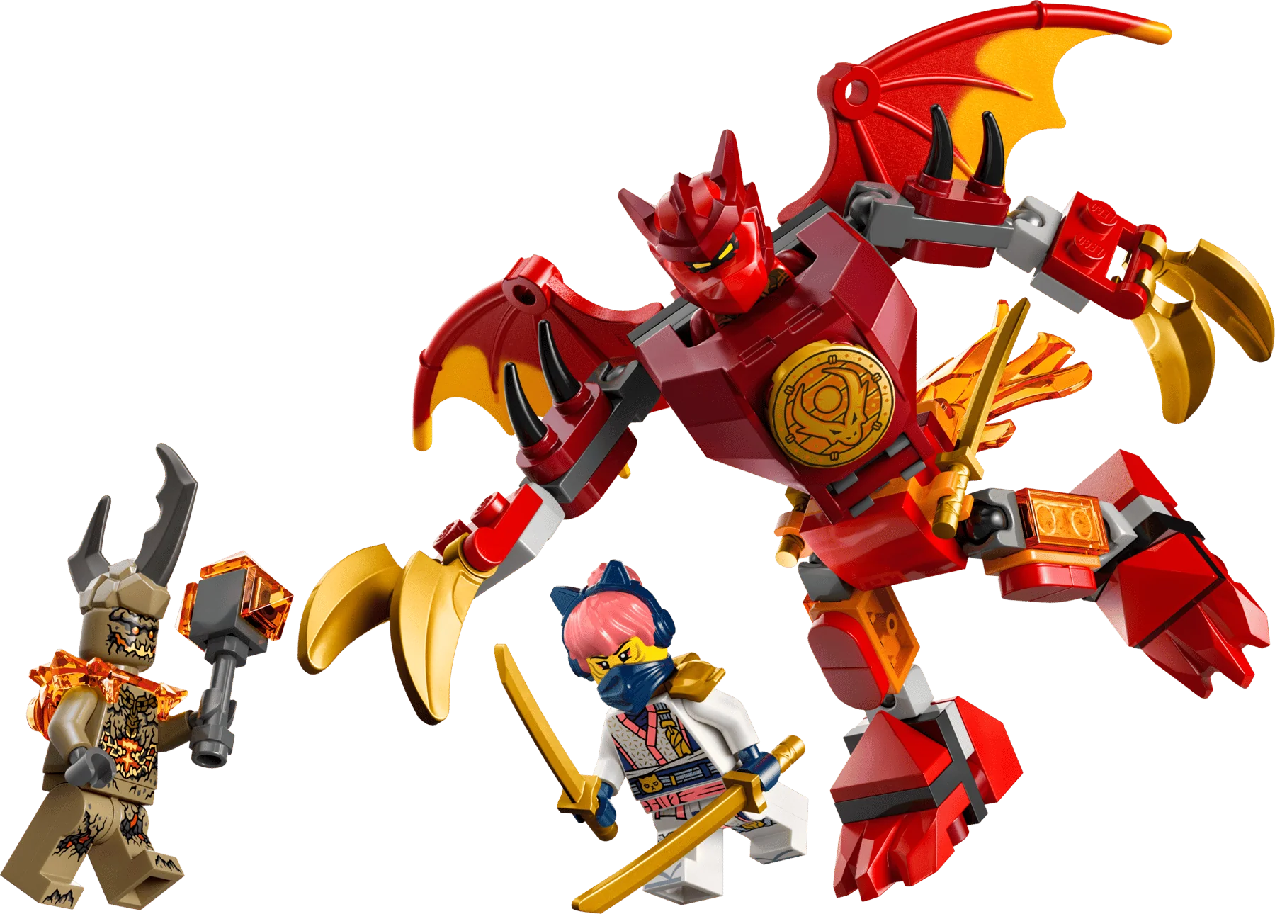 Red dragon mech with golden claws and ninja minifigure