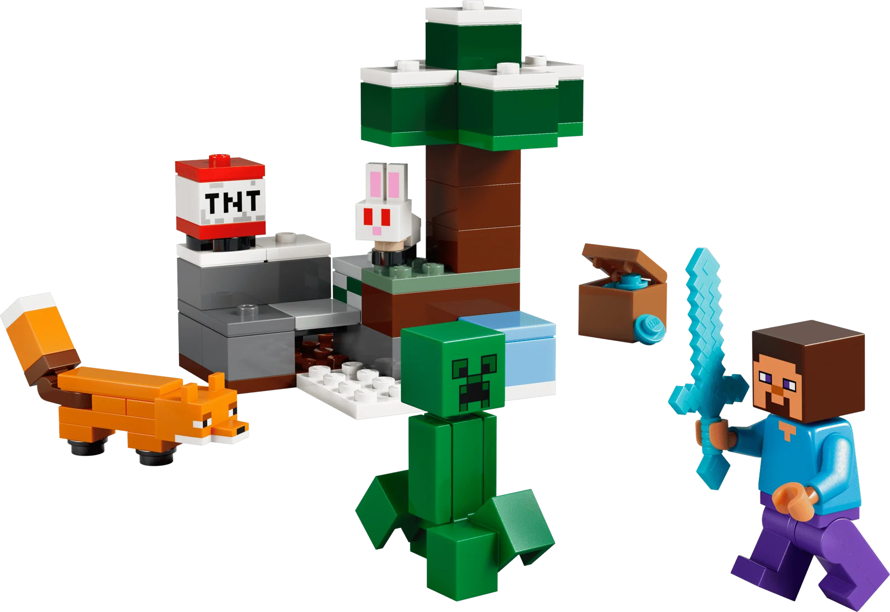 Assembled LEGO Steve's Taiga Adventure with green figure, TNT block, fox and creeper