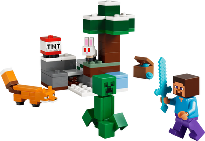 Assembled LEGO Steve's Taiga Adventure with green figure, TNT block, fox and creeper