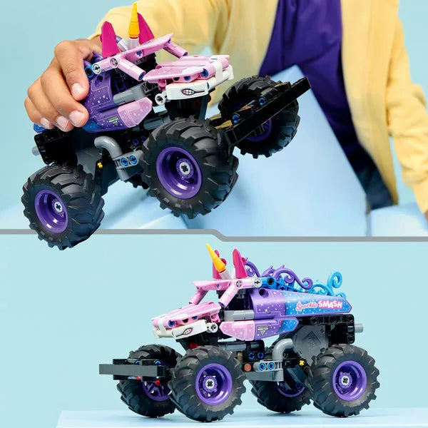 Pink and purple pull-back monster truck toy with purple wheels and decorative decals