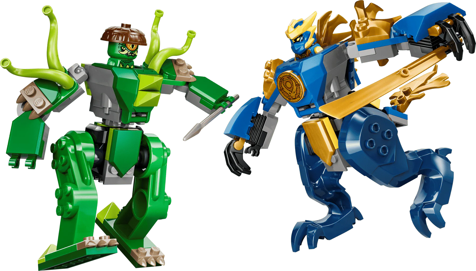 Green and blue mech builds with ninja minifigures, swords and claws