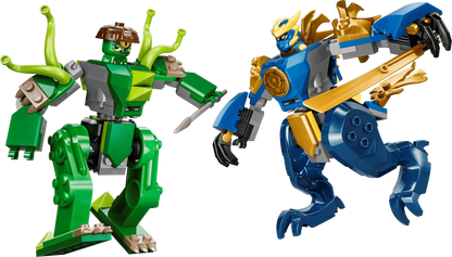 Green and blue mech builds with ninja minifigures, swords and claws