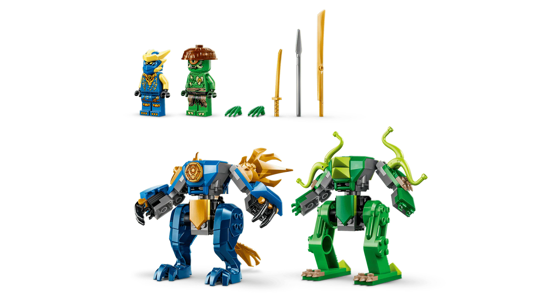 Ninja minifigures with two dragon mechs in green and blue