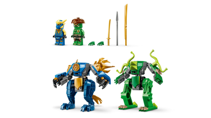 Ninja minifigures with two dragon mechs in green and blue