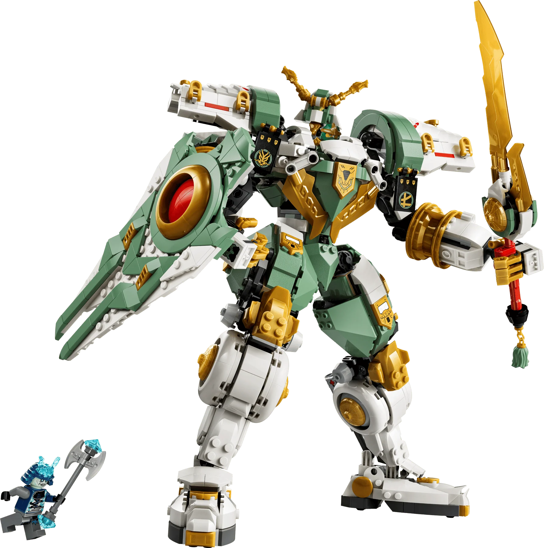 Titan Mech with green, gold, and white armor, side cannon, and raised gold blade