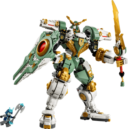 Titan Mech with green, gold, and white armor, side cannon, and raised gold blade