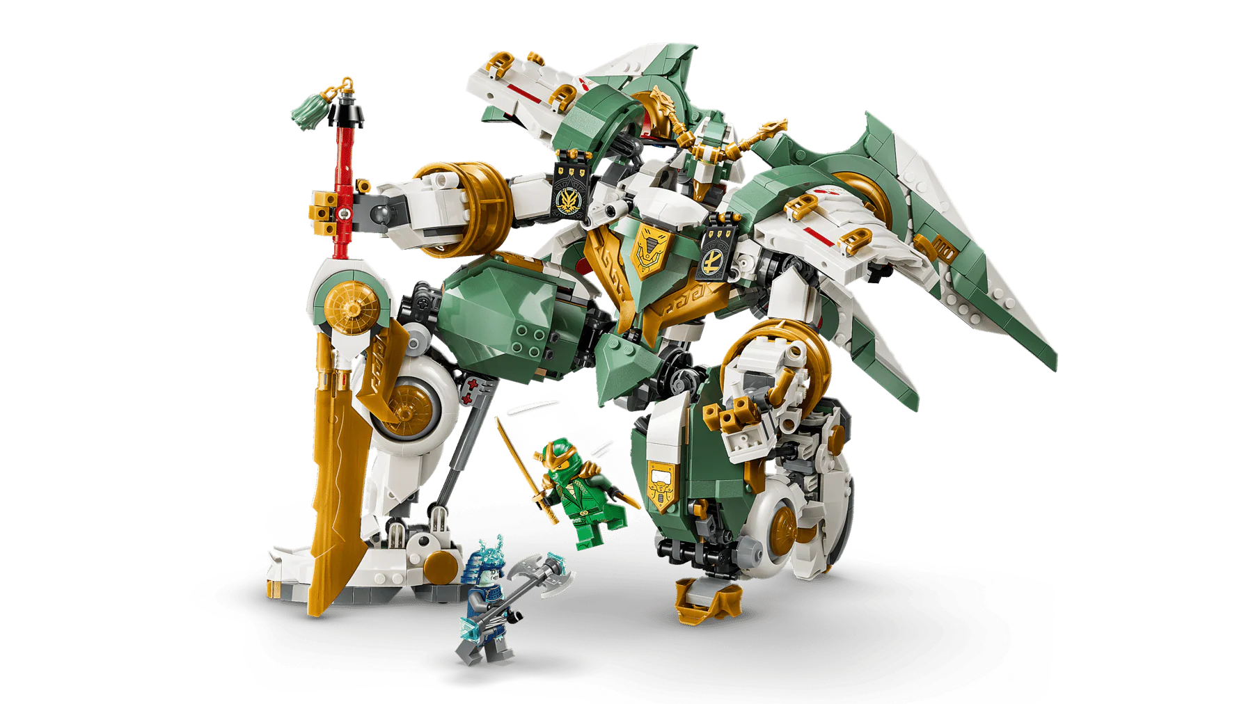 Titan Mech with green wings and gold accents on base, plus two small blue figures