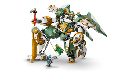 Titan Mech with green wings and gold accents on base, plus two small blue figures