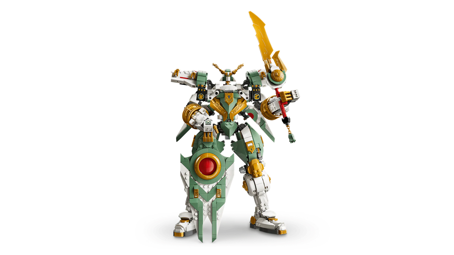 Standing Titan Mech robot with large red eye cannon and gold winged blade