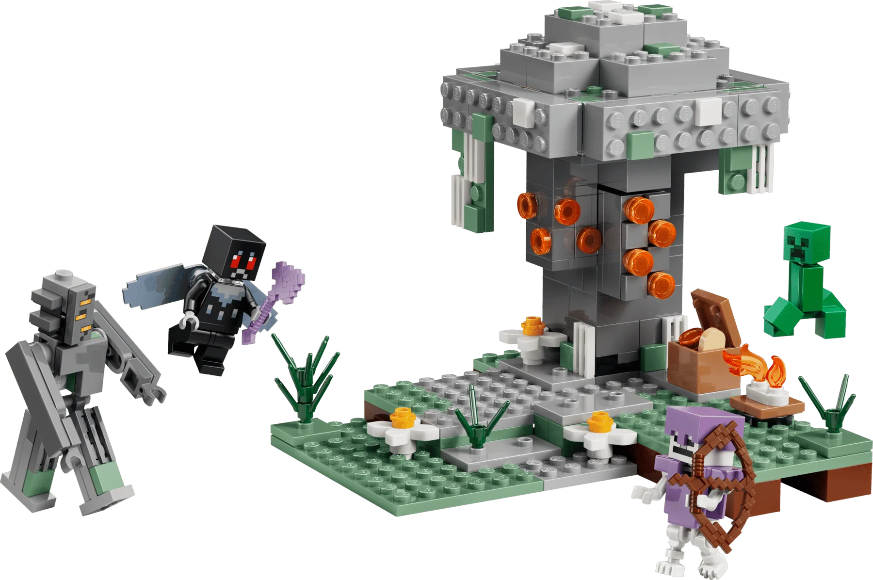 The Pale Garden LEGO Minecraft set, grey golem with orange elements and green figure