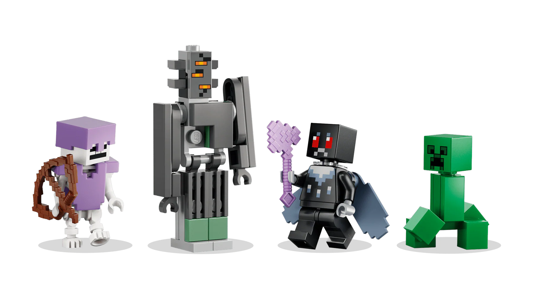 The Pale Garden figures: grey golem, black/red-eyed figure, green figure, purple character