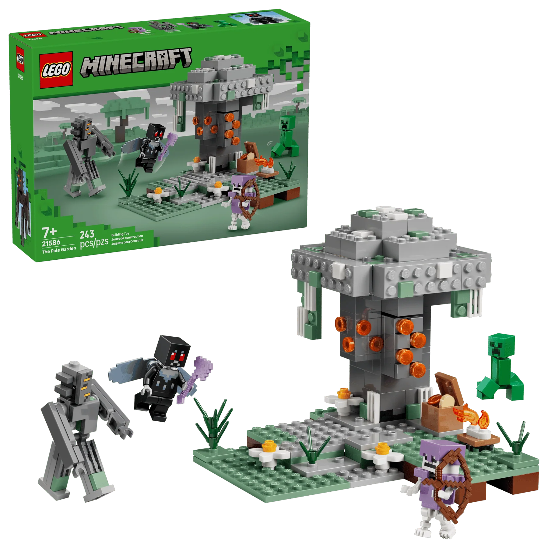 The Pale Garden LEGO Minecraft set box, grey golem and green figures