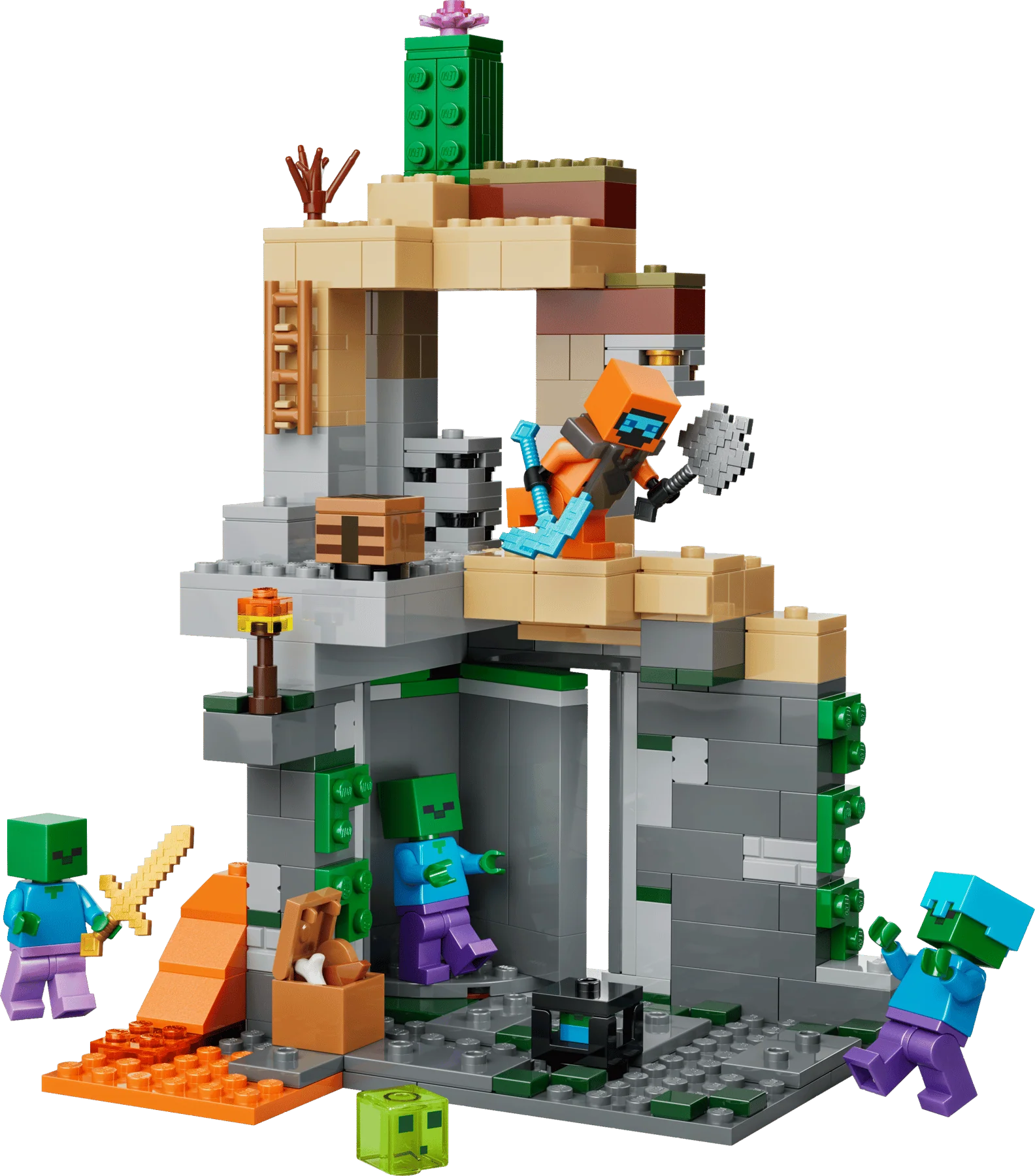Zombie Dungeon LEGO build with orange character, green creeper, and gray ruins