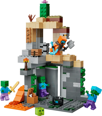 Zombie Dungeon LEGO build with orange character, green creeper, and gray ruins