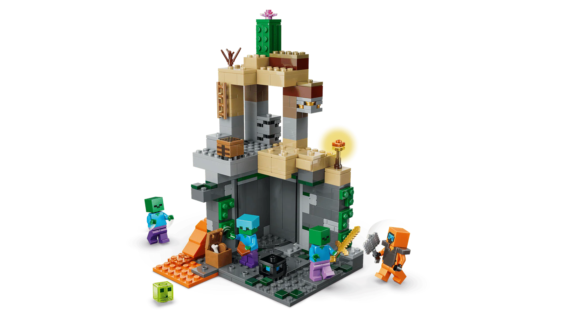 Zombie Dungeon LEGO scene with gray tower blocks, orange roof, and crawling figures