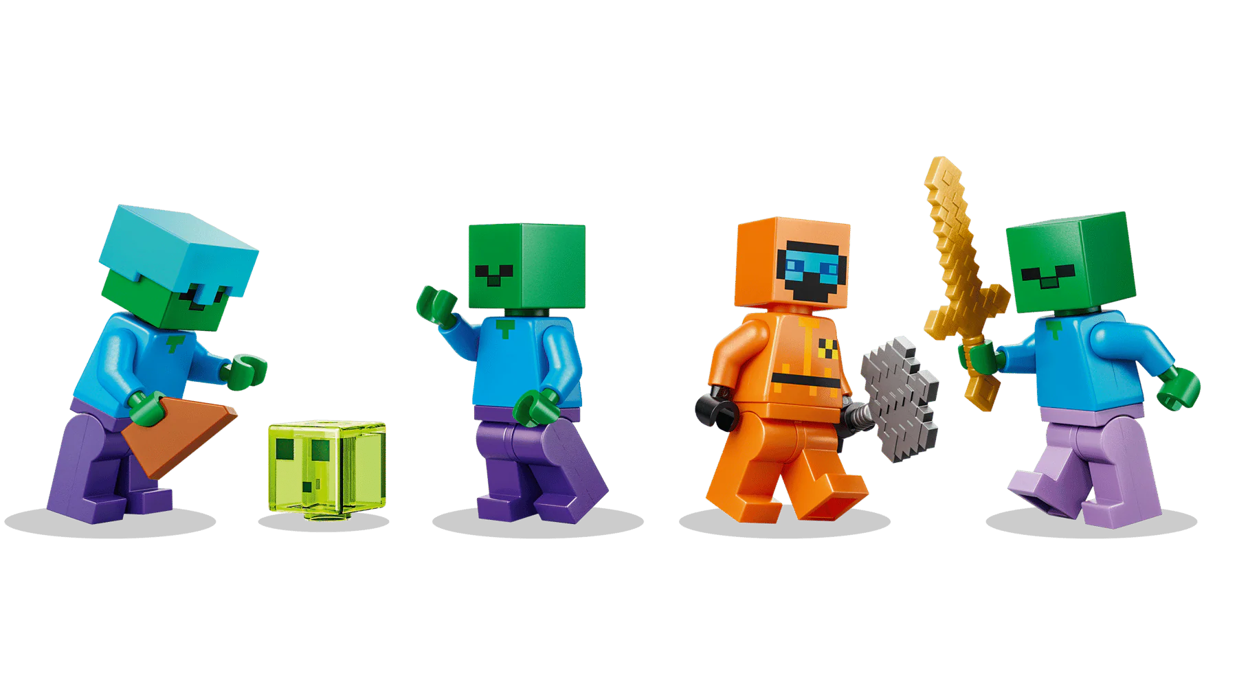 Five Minecraft zombie-themed minifigures in blue, green, orange, and purple